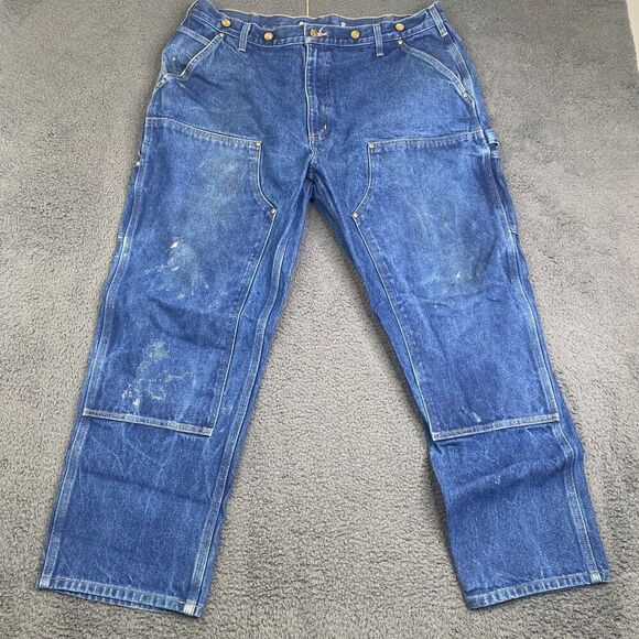 Carhartt Double Knee Jeans 40x30 B07 DNM Logger Carpenter Suspender Buttons Blue - Picture 1 of 11